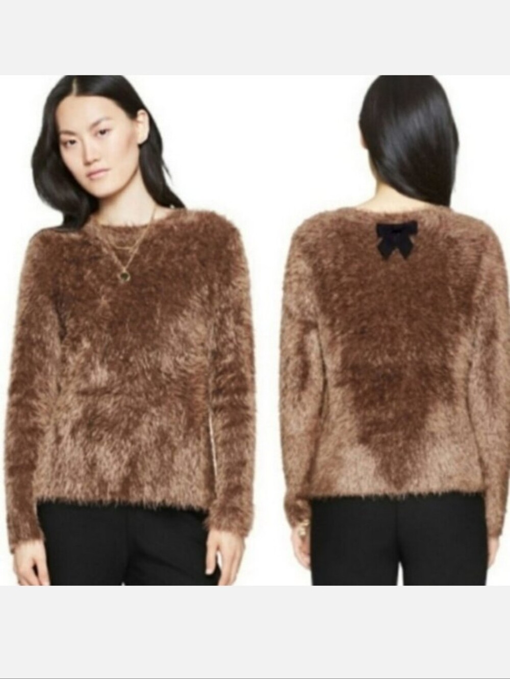 Kate Spade Faux Fur Fuzzy Brown Sweater with Black Bow